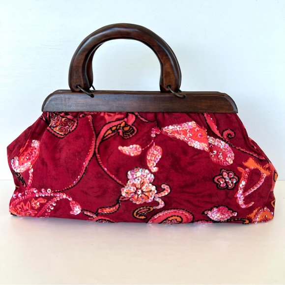 MYSTIQUE Burgundy Paisley Sequence Beaded Wood Handles Vintage Style Handbag NWT - Picture 5 of 14